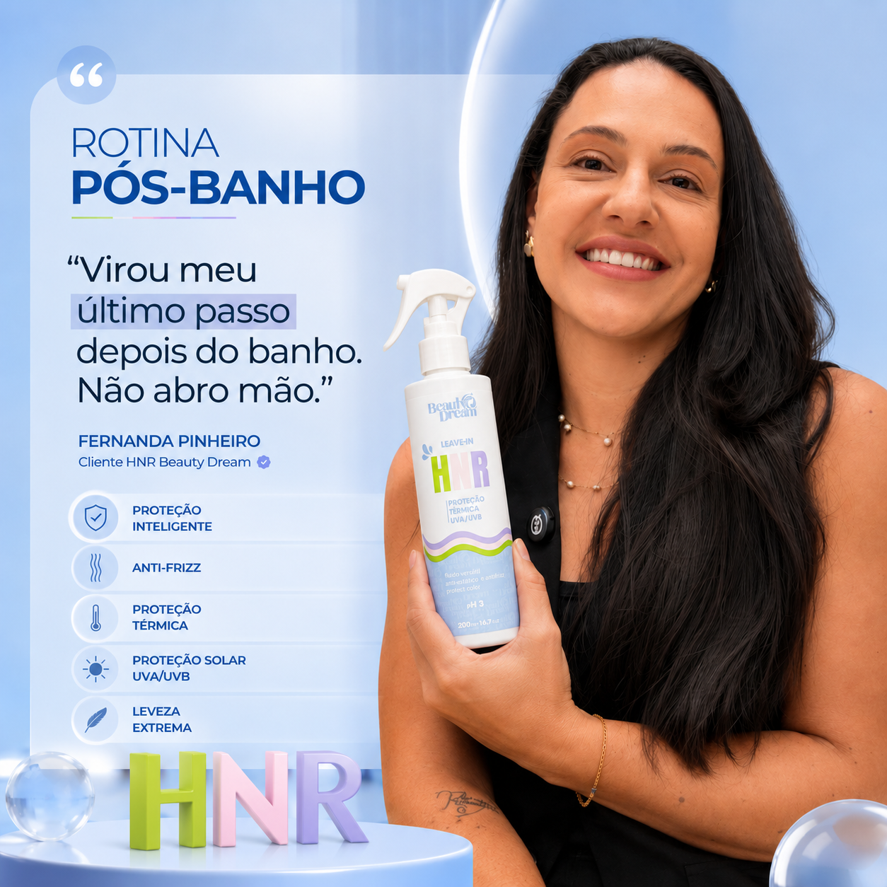 Cliente usando o Leave-in HNR — Rotina pós-banho